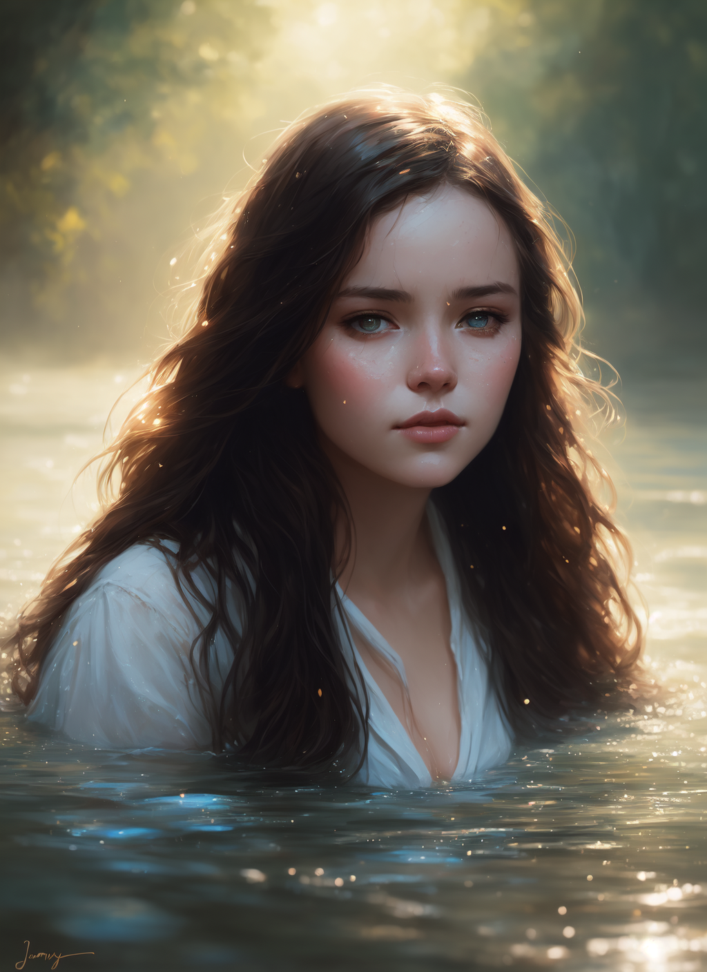 close up portrait of a cute woman bathing in a river, reeds, (backlighting), realistic, masterpiece, highest quality, lens...